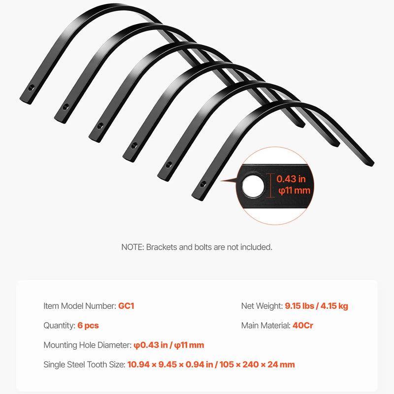 VEVOR akmens grābekļa zobi, 6 gab., 25,4 × 7,9 mm skrūvējami ainavu grābekļa zobi ar vienu stiprinājuma atveri, augstas izturības termiski apstrādāta tērauda rezerves daļas grants grābeklim