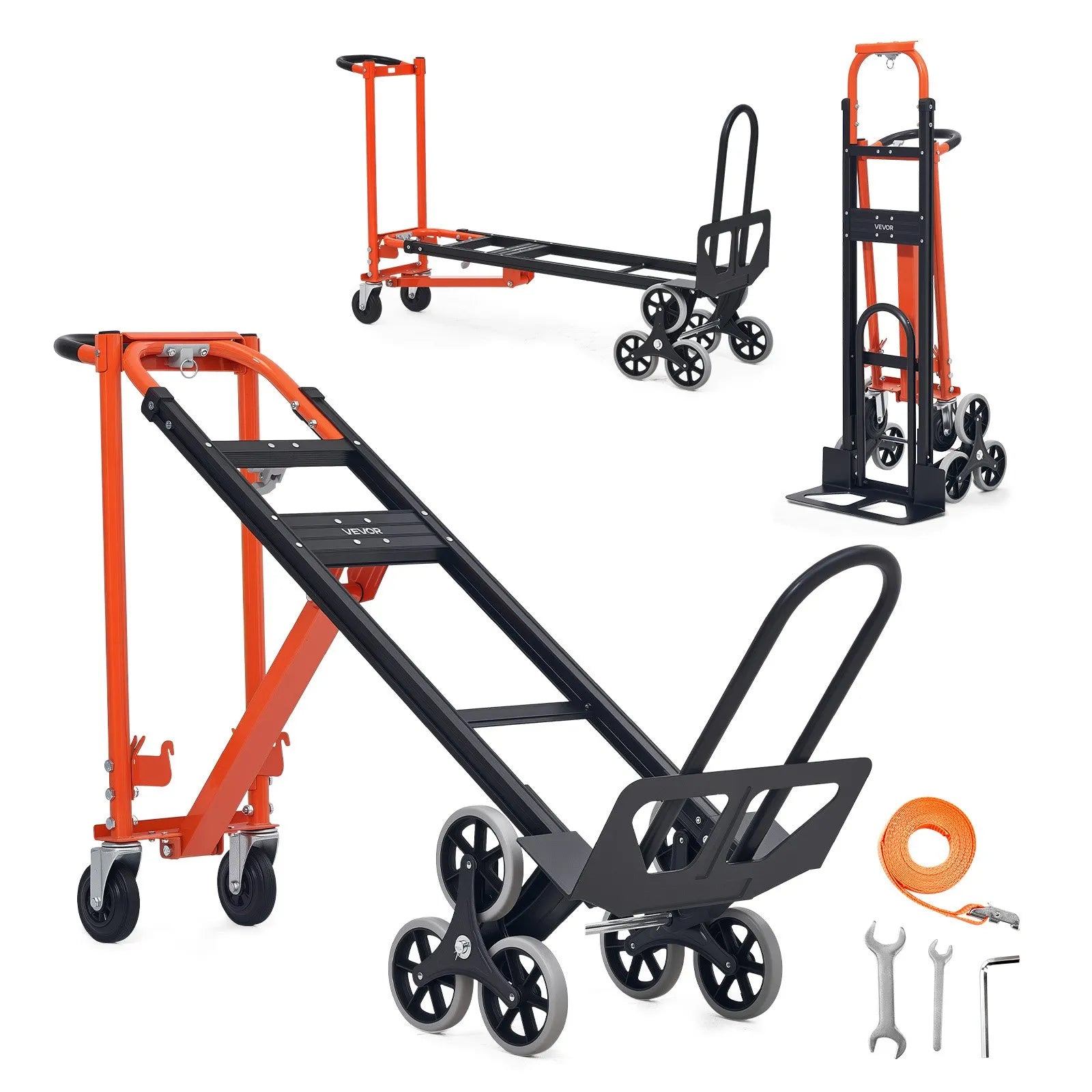 VEVOR 3 in 1 industriālie pārveidojami kāpņu ratiņi, maks. slodze 350 kg, salokāmi rokas ratiņi ar rokturi un riteņiem, kravas pārvietošanai, oranži/sudraba krāsā
