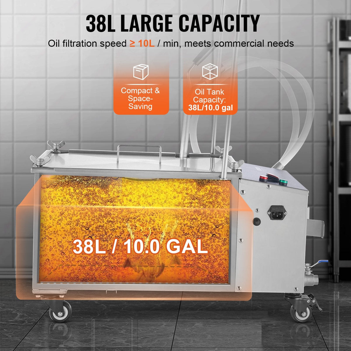 VEVOR Mobilā eļļas filtrēšanas sistēma, 38 L eļļas tvertne, 10 L/min filtrēšanas ātrums, grozāmi riteņi un eļļas šļūtene