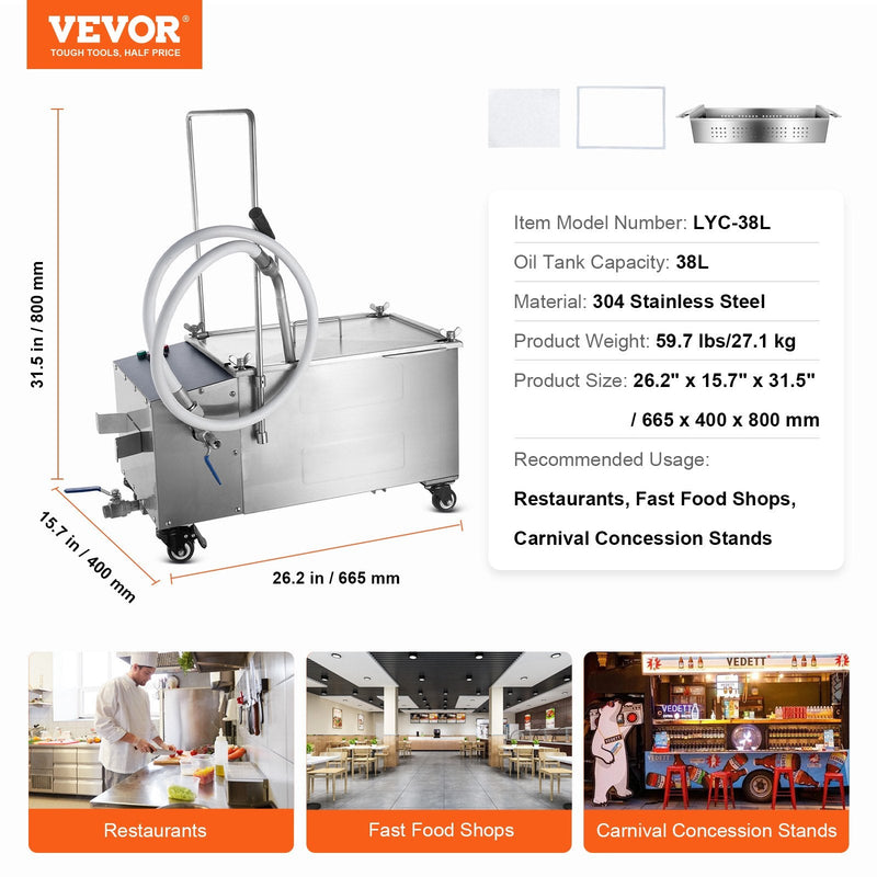 VEVOR Mobilā eļļas filtrēšanas sistēma, 38 L eļļas tvertne, 10 L/min filtrēšanas ātrums, grozāmi riteņi un eļļas šļūtene