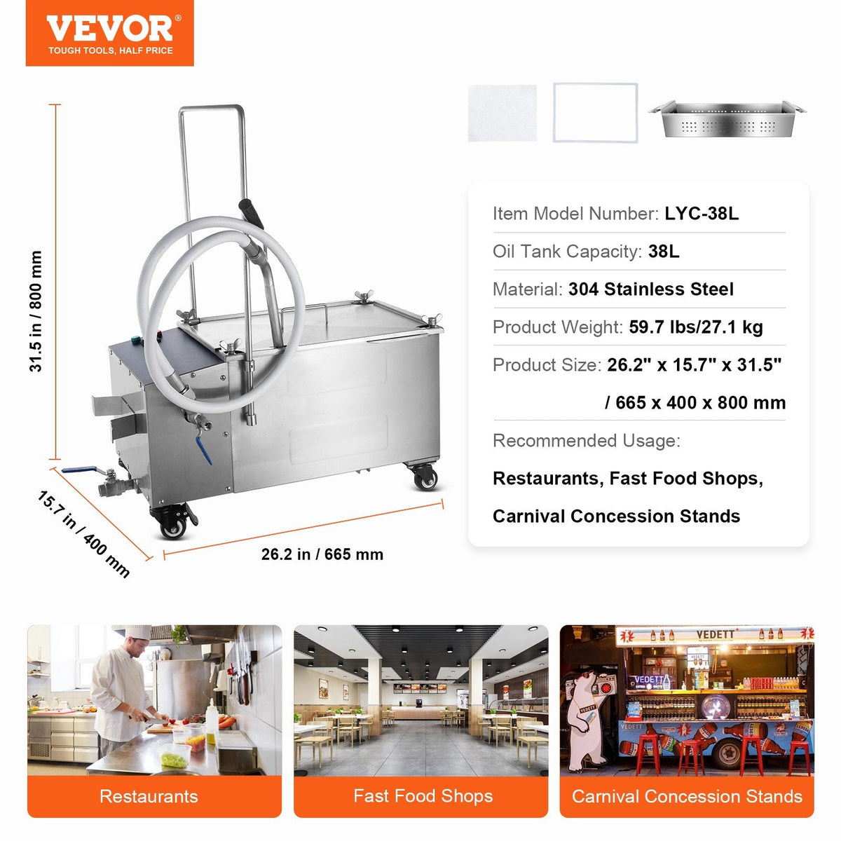 VEVOR Mobilā eļļas filtrēšanas sistēma, 38 L eļļas tvertne, 10 L/min filtrēšanas ātrums, grozāmi riteņi un eļļas šļūtene
