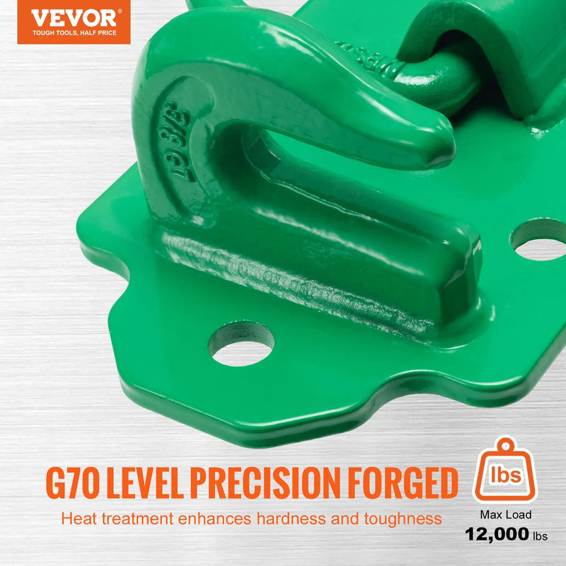 VEVOR traktora kausa āķi 9,5 mm ar stiprinājuma gredzeniem 2 gab. no G70 kalta tērauda ar atbalsta plāksnēm, pārrāvuma izturība līdz 6804 kg, piemēroti traktoriem, UTV, kravas auto un kemperiem, zaļi