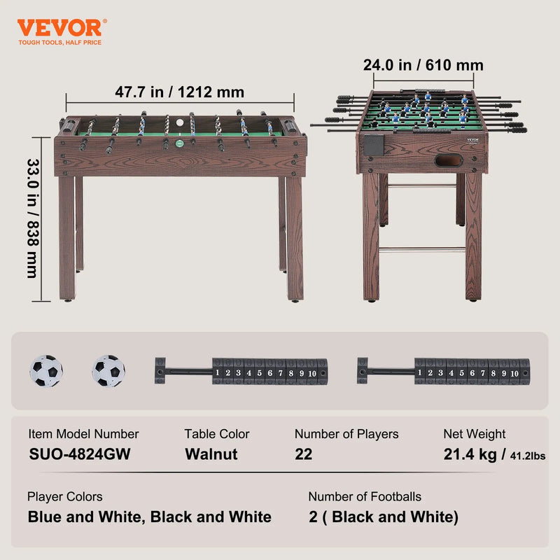 VEVOR galda futbola galds 122 cm, pilna izmēra iekštelpu modelis mājai un spēļu telpai, komplektā 2 bumbiņas un 2 dzērienu turētāji