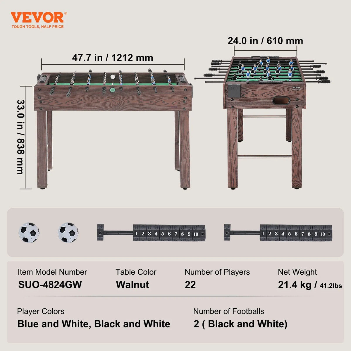 VEVOR galda futbola galds 122 cm, pilna izmēra iekštelpu modelis mājai un spēļu telpai, komplektā 2 bumbiņas un 2 dzērienu turētāji