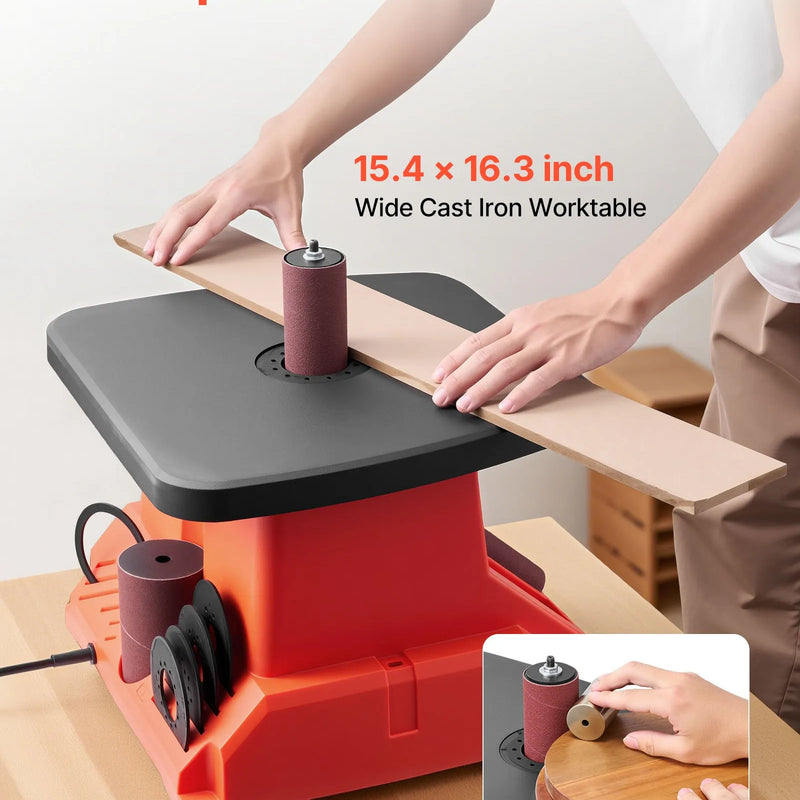 VEVOR oscilējošā vārpstas slīpmašīna, galda modelis 2000 apgr./min, komplektā 6 slīpēšanas uzmavas 12,7–76,2 mm, 16 mm gājiens, darba galds 390 × 415 mm mēbeļu apdarei, amatniecībai un DIY kokapstrādei