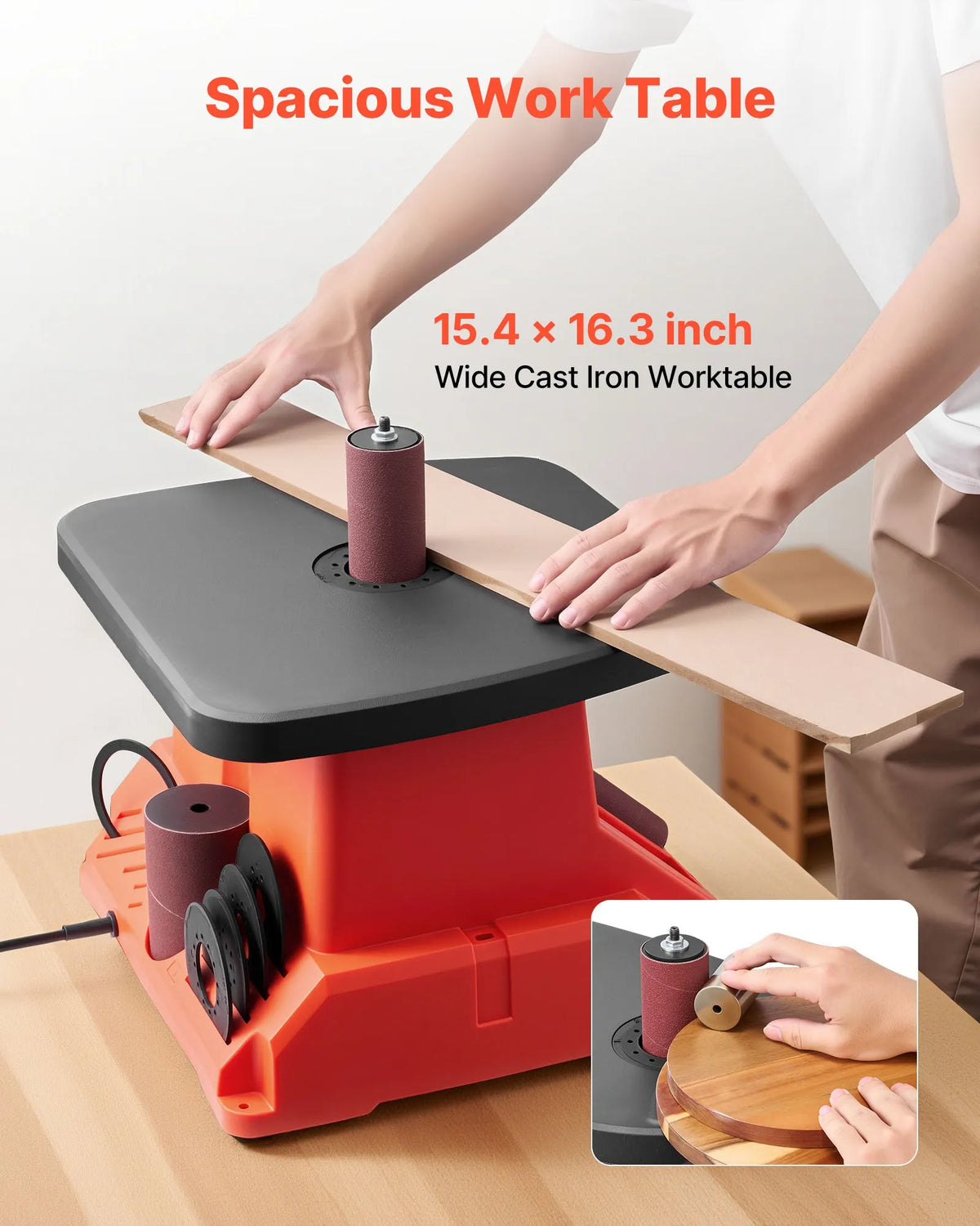 VEVOR oscilējošā vārpstas slīpmašīna, galda modelis 2000 apgr./min, komplektā 6 slīpēšanas uzmavas 12,7–76,2 mm, 16 mm gājiens, darba galds 390 × 415 mm mēbeļu apdarei, amatniecībai un DIY kokapstrādei