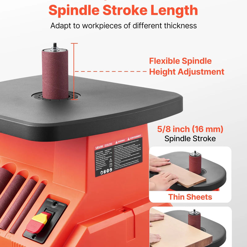 VEVOR oscilējošā vārpstas slīpmašīna, galda modelis 2000 apgr./min, komplektā 6 slīpēšanas uzmavas 12,7–76,2 mm, 16 mm gājiens, darba galds 390 × 415 mm mēbeļu apdarei, amatniecībai un DIY kokapstrādei