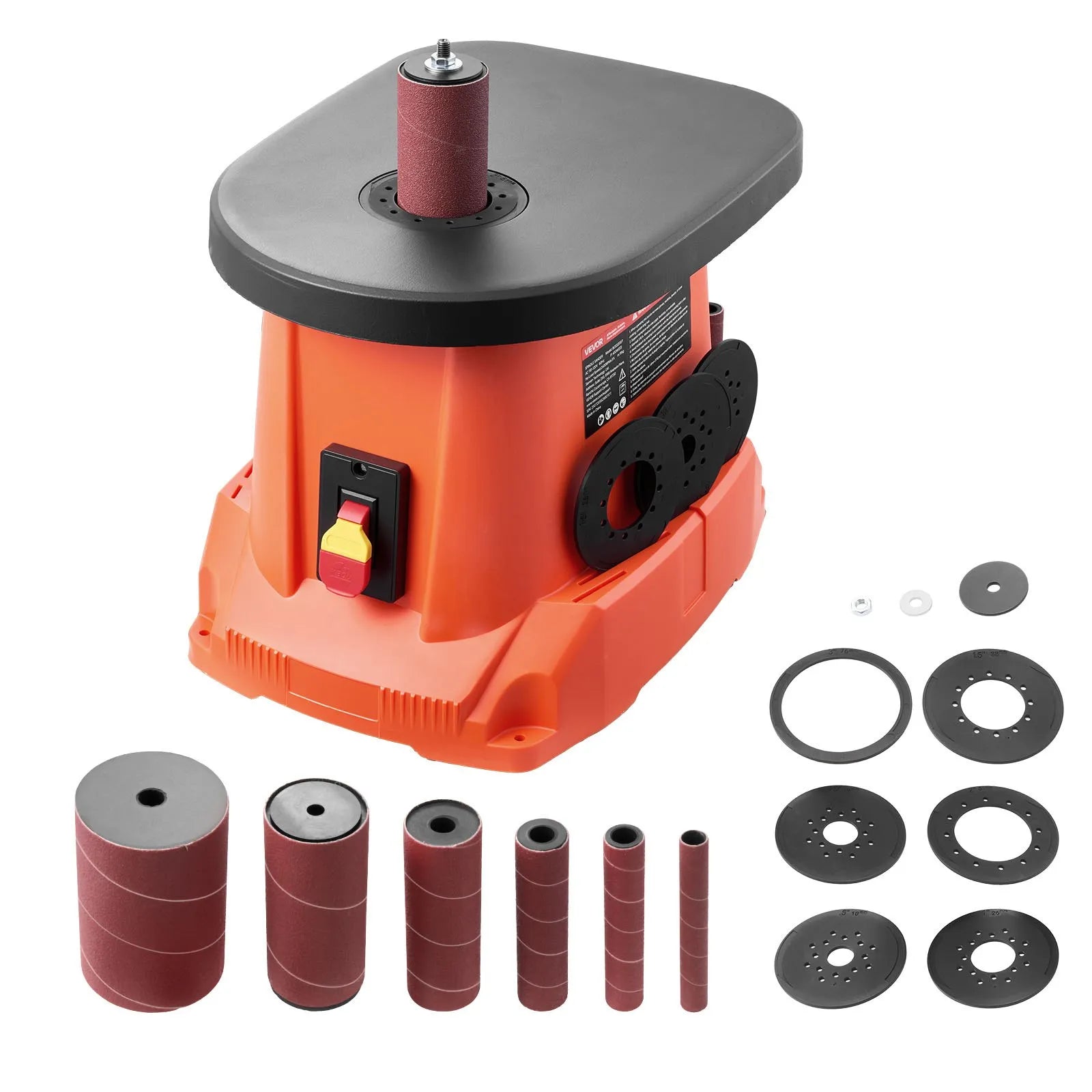 VEVOR Oscillating Spindle Sander with a speed of 2,000 rpm, 6 sanding collets (12.7–76.2 mm), a 16 mm stroke, and a 397 × 295 mm cast-iron worktable; suitable for furniture finishing, crafts, and DIY woodworking projects