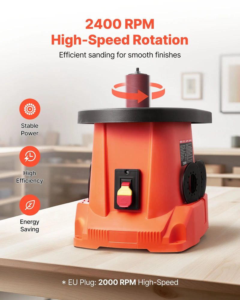 VEVOR oscilējošā vārpstas slīpmašīna ar 2000 apgr./min ātrumu, 6 slīpēšanas uzmavām (12,7–76,2 mm), 16 mm gājienu un 397 × 295 mm čuguna darba galdu, piemērota mēbeļu apdarei, amatniecībai un DIY kokapstrādes darbiem