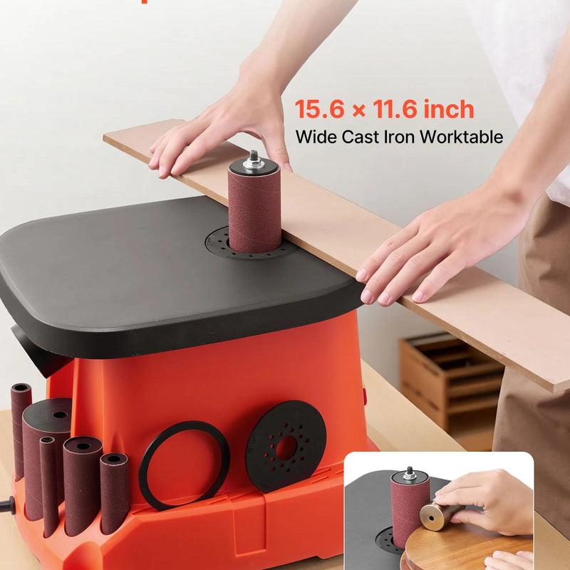 VEVOR oscilējošā vārpstas slīpmašīna ar 2000 apgr./min ātrumu, 6 slīpēšanas uzmavām (12,7–76,2 mm), 16 mm gājienu un 397 × 295 mm čuguna darba galdu, piemērota mēbeļu apdarei, amatniecībai un DIY kokapstrādes darbiem