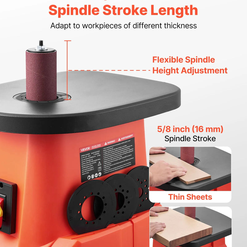 VEVOR oscilējošā vārpstas slīpmašīna ar 2000 apgr./min ātrumu, 6 slīpēšanas uzmavām (12,7–76,2 mm), 16 mm gājienu un 397 × 295 mm čuguna darba galdu, piemērota mēbeļu apdarei, amatniecībai un DIY kokapstrādes darbiem