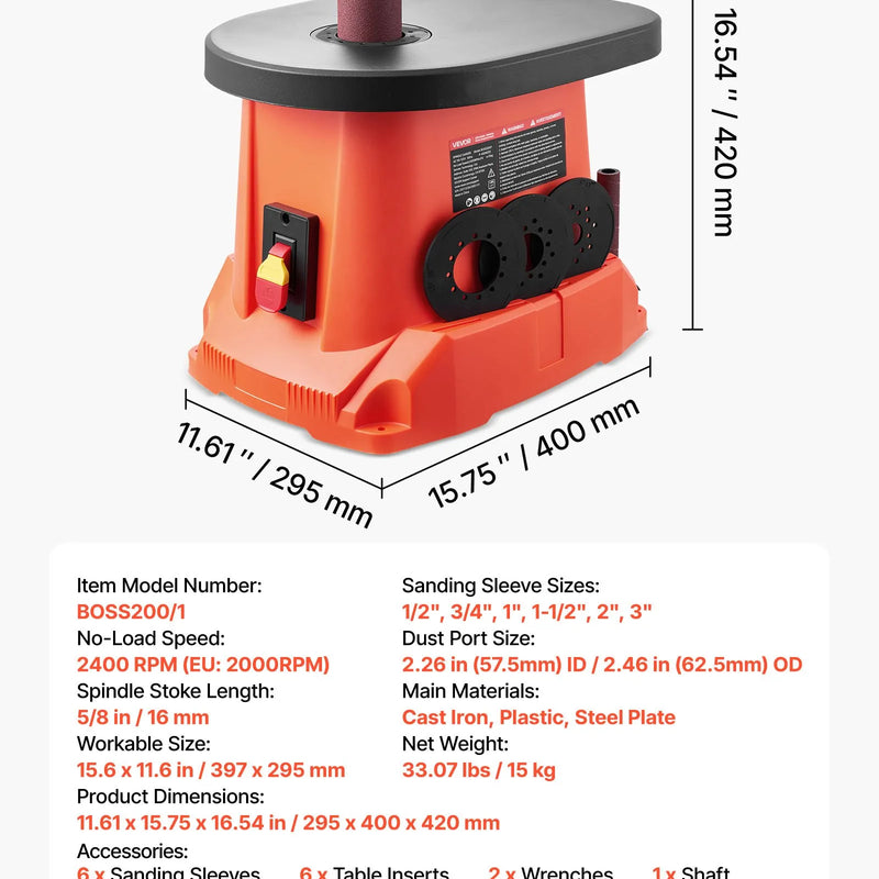 VEVOR oscilējošā vārpstas slīpmašīna ar 2000 apgr./min ātrumu, 6 slīpēšanas uzmavām (12,7–76,2 mm), 16 mm gājienu un 397 × 295 mm čuguna darba galdu, piemērota mēbeļu apdarei, amatniecībai un DIY kokapstrādes darbiem