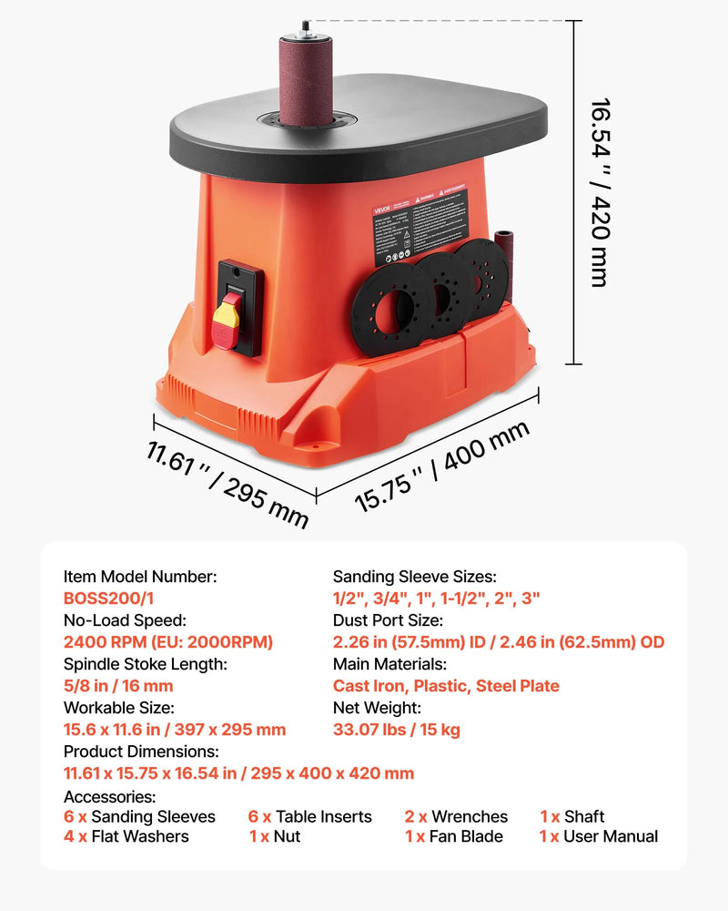 VEVOR oscilējošā vārpstas slīpmašīna ar 2000 apgr./min ātrumu, 6 slīpēšanas uzmavām (12,7–76,2 mm), 16 mm gājienu un 397 × 295 mm čuguna darba galdu, piemērota mēbeļu apdarei, amatniecībai un DIY kokapstrādes darbiem