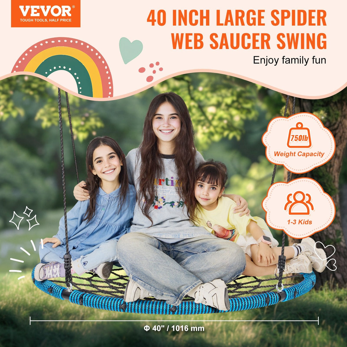VEVOR zirnekļtīkla tipa apaļās šūpoles bērniem 102 cm, celtspēja 340 kg