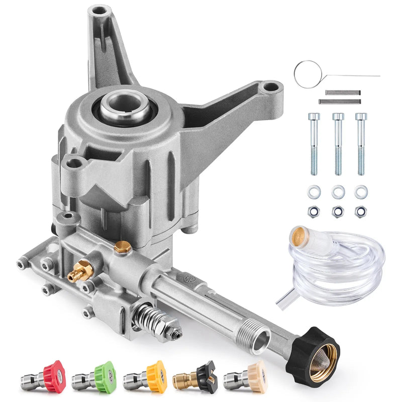 VEVOR augstspiediena mazgātāja sūknis ar vertikālu 22 mm (7/8″) vārpstu, darba spiediens līdz 214 bar, plūsma 9,5 l/min, rezerves sūkņa komplekts ar 5 sprauslām, saderīgs ar Briggs & Stratton, Generac, Devilbiss, Troy Bilt, Honda un Craftsman
