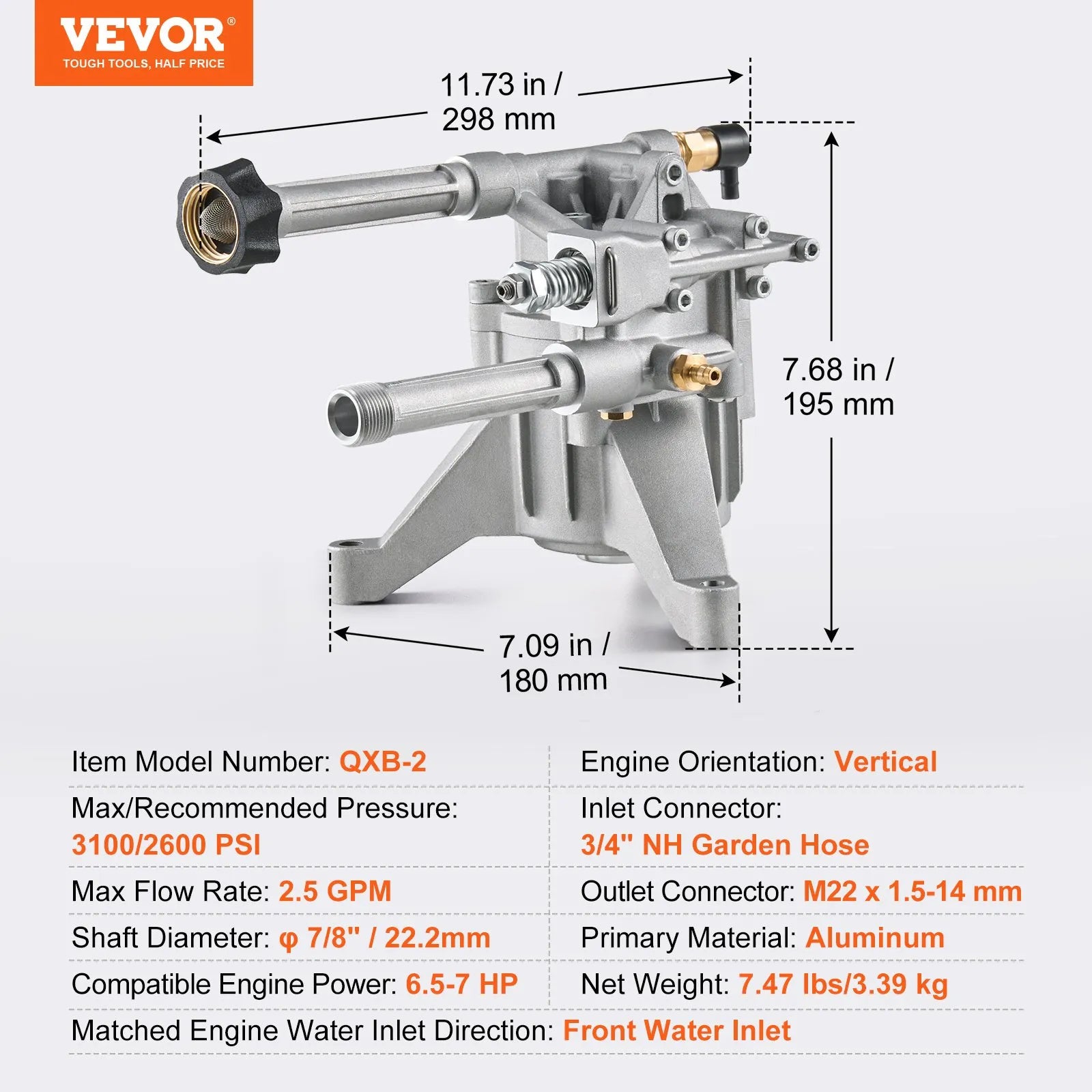VEVOR augstspiediena mazgātāja sūknis ar vertikālu 22 mm (7/8″) vārpstu, darba spiediens līdz 214 bar, plūsma 9,5 l/min, rezerves sūkņa komplekts ar 5 sprauslām, saderīgs ar Briggs & Stratton, Generac, Devilbiss, Troy Bilt, Honda un Craftsman