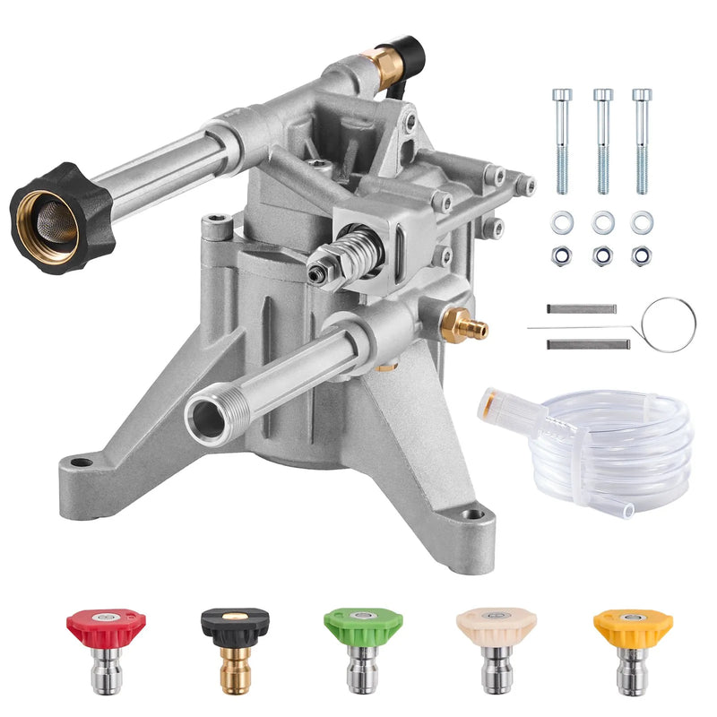 VEVOR augstspiediena mazgātāja sūknis ar vertikālu 22 mm (7/8″) vārpstu, darba spiediens līdz 214 bar, plūsma 9,5 l/min, rezerves sūkņa komplekts ar 5 sprauslām, saderīgs ar Briggs & Stratton, Generac, Devilbiss, Troy Bilt, Honda un Craftsman