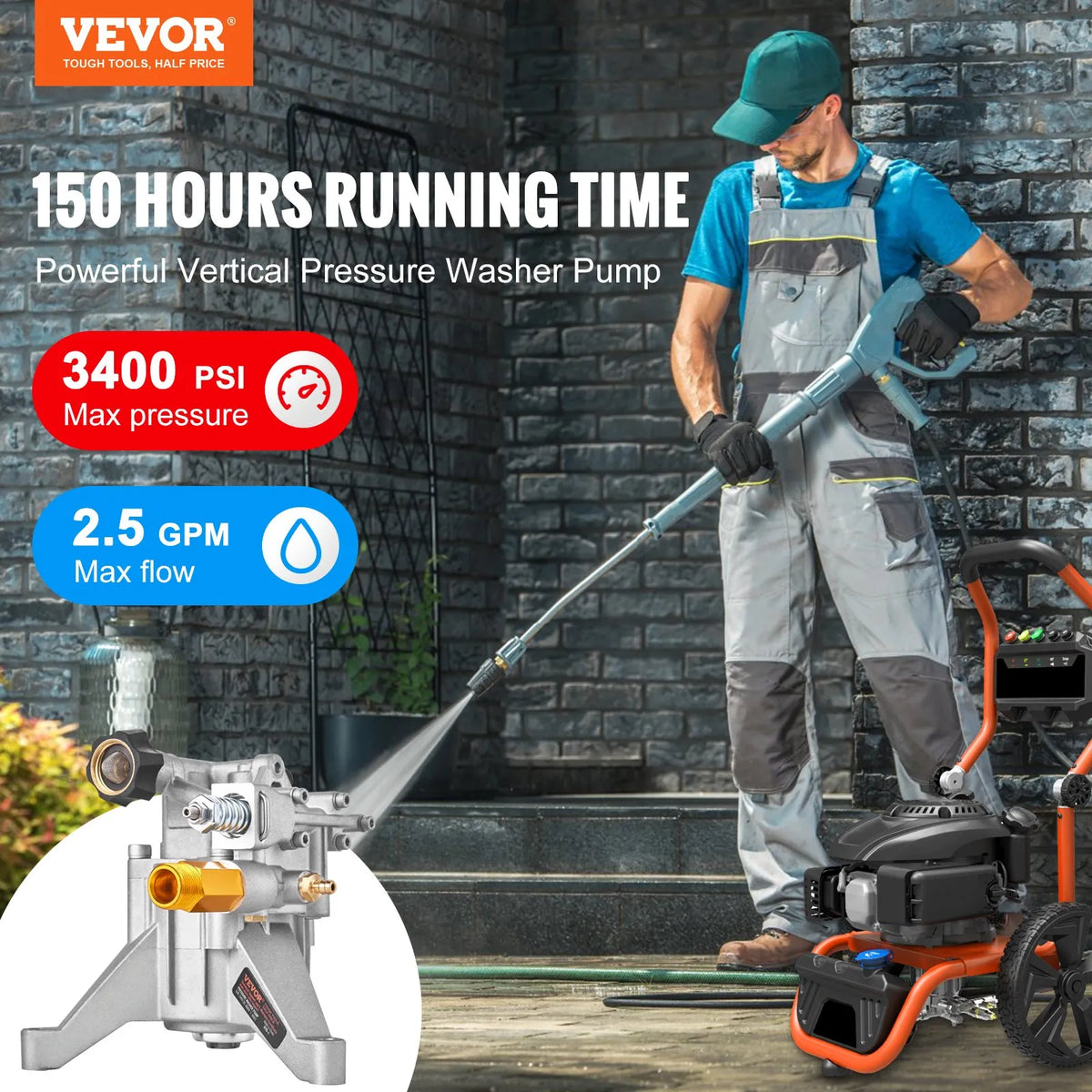 VEVOR augstspiediena mazgātāja sūknis ar vertikālu 22 mm vārpstu, darba spiediens līdz 234 bar, plūsma 9,5 l/min, rezerves sūkņa komplekts, saderīgs ar Honda, Simpson, RYOBI, Briggs & Stratton, Subaru un Craftsman