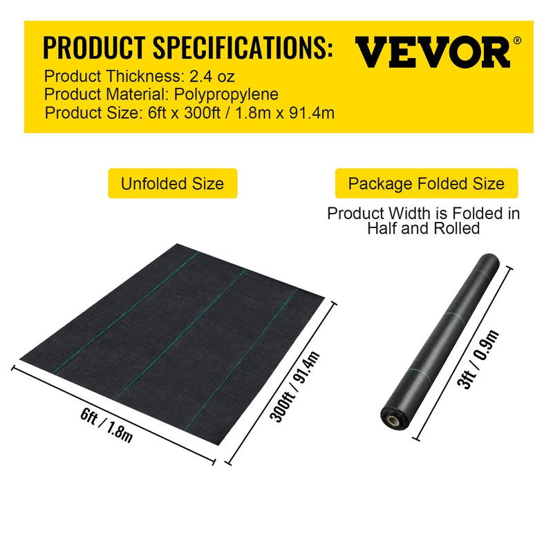 VEVOR 1,83 × 91,44 m Premium klases PP austs nezāļu barjeras ainavu zemes segums, 68 g/m²