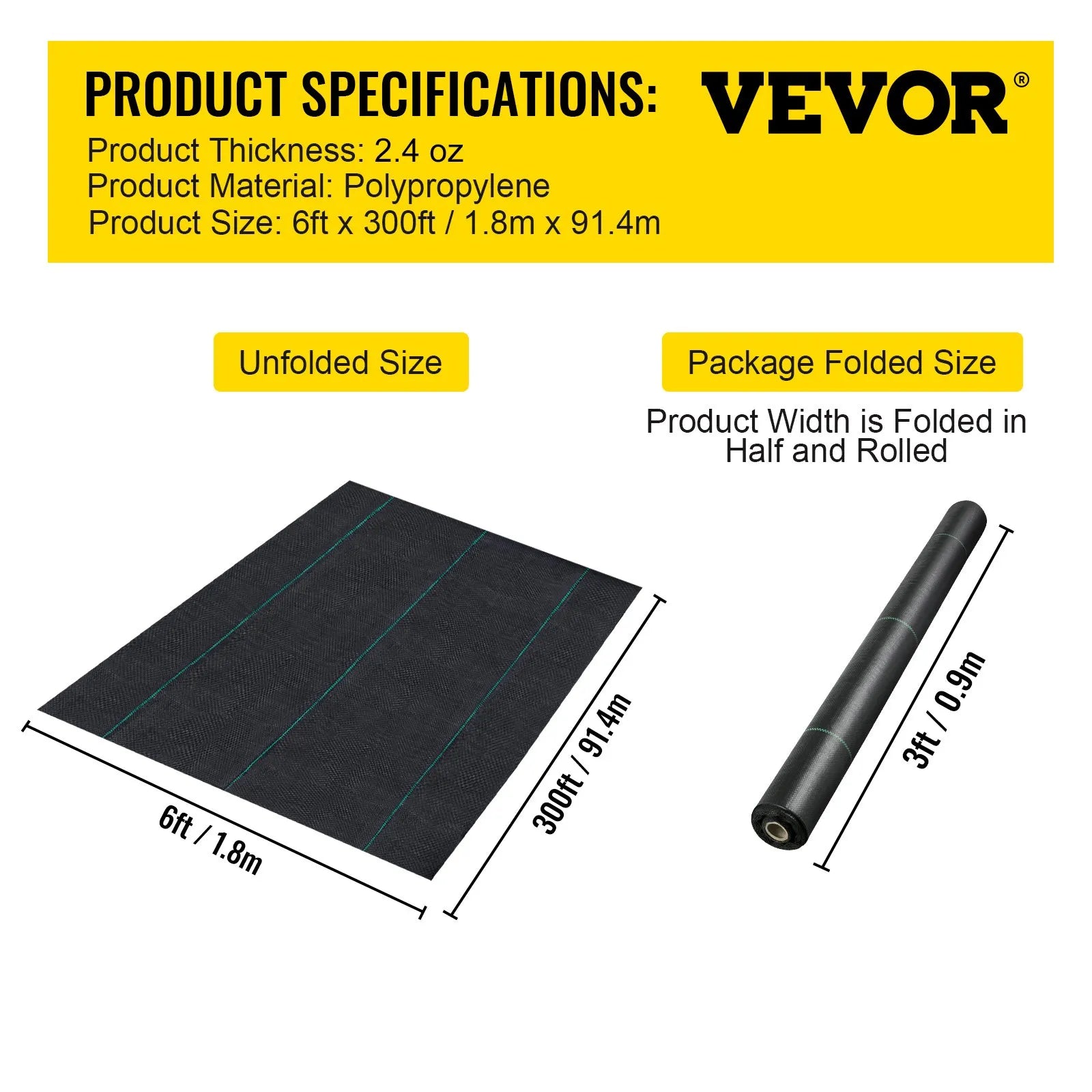 VEVOR 1,83 × 91,44 m Premium klases PP austs nezāļu barjeras ainavu zemes segums, 68 g/m²