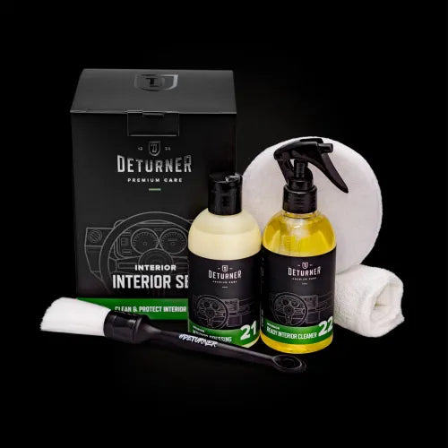 DETURNER INTERIOR SET - A set of care products for cleaning and protecting interior elements. The set includes: 250ml cleaner + 250ml protective agent + applicator + microfiber cloth + brush 