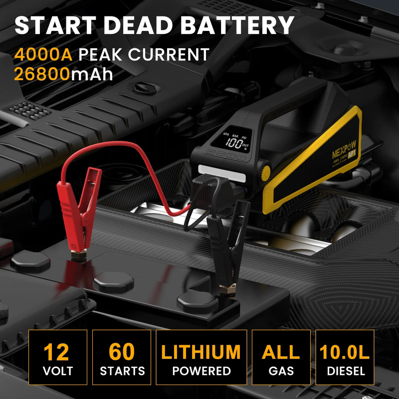 Melns korpus_AP1 Auto, moto, laivu starteris(boosteris) NEXPOW 12V ar 4000A/16000mAh starta jaudu, iebūvēts kompresors, startera vadi,