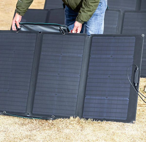 The 160W solar panel can be connected to EcoFlow charging stations and other equipment. Easily folds up with a carrying bag. Resistant to water and dust.