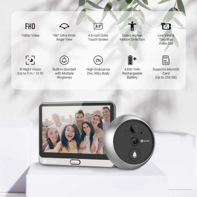 DP2 EZVIZ 2k videokamera durvju actiņai ar monitoru,diagonālais skatleņķis 155°, divvirzienu audio