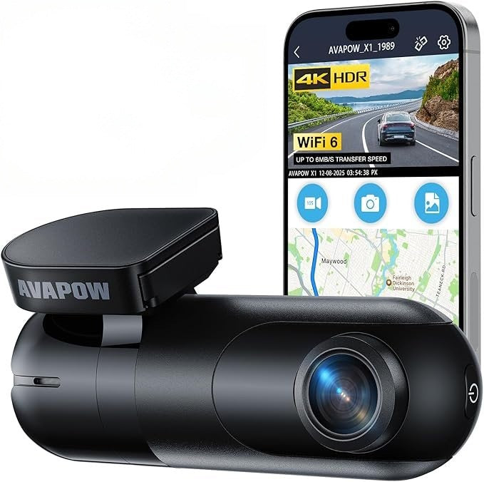 AVAPOW 4K videoreģistrators ar Wi-Fi 6, 170° skata leņķi un 24h stāvvietas režīmu. Komplektā 64GB SD karte un pieslēguma komplekts.