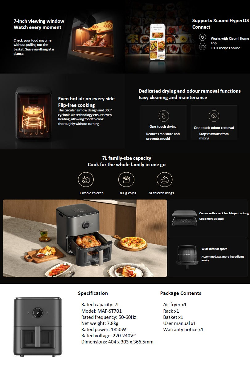 Xiaomi Mijia Smart Steam karstā gaisa friteris, 7 L, 1850 W
