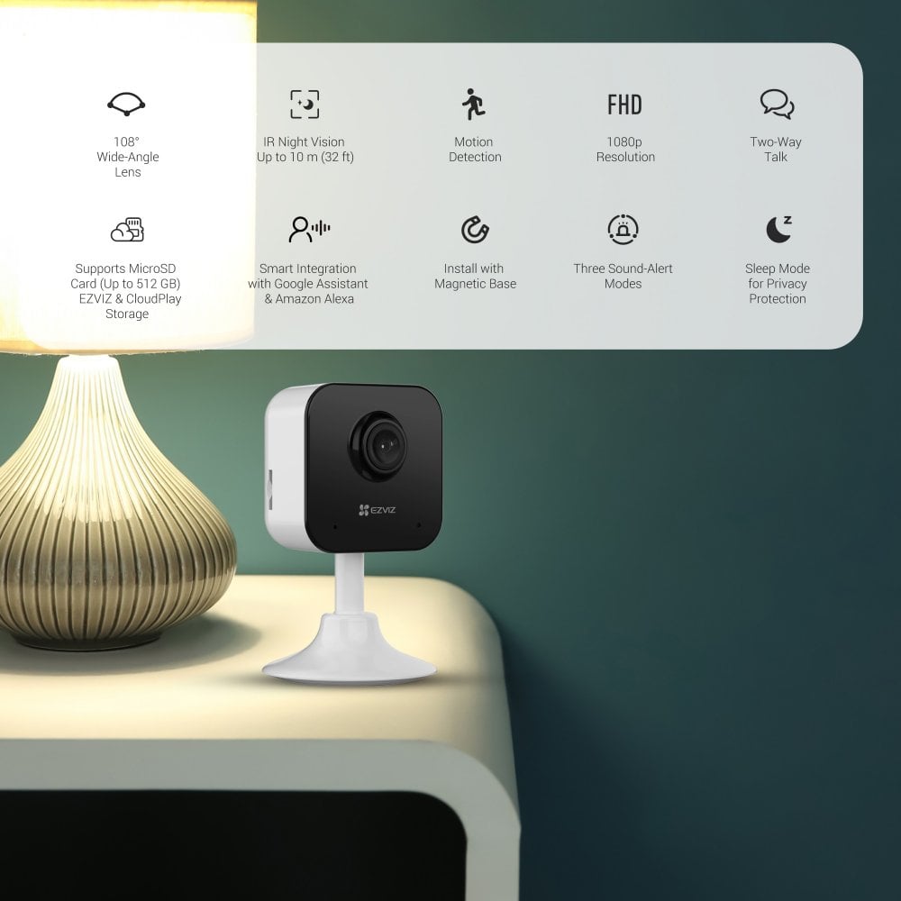 EZVIZ H1C Wi-Fi siseruumide videokaamera, 2 Mpix,2.8 mm @ F2.0, 130°,1920 x 1080 @20fps, 5V DC USB kaudu, sisseehitatud Micro SD/SDHC/SDXC pesa, kuni 256 GB.