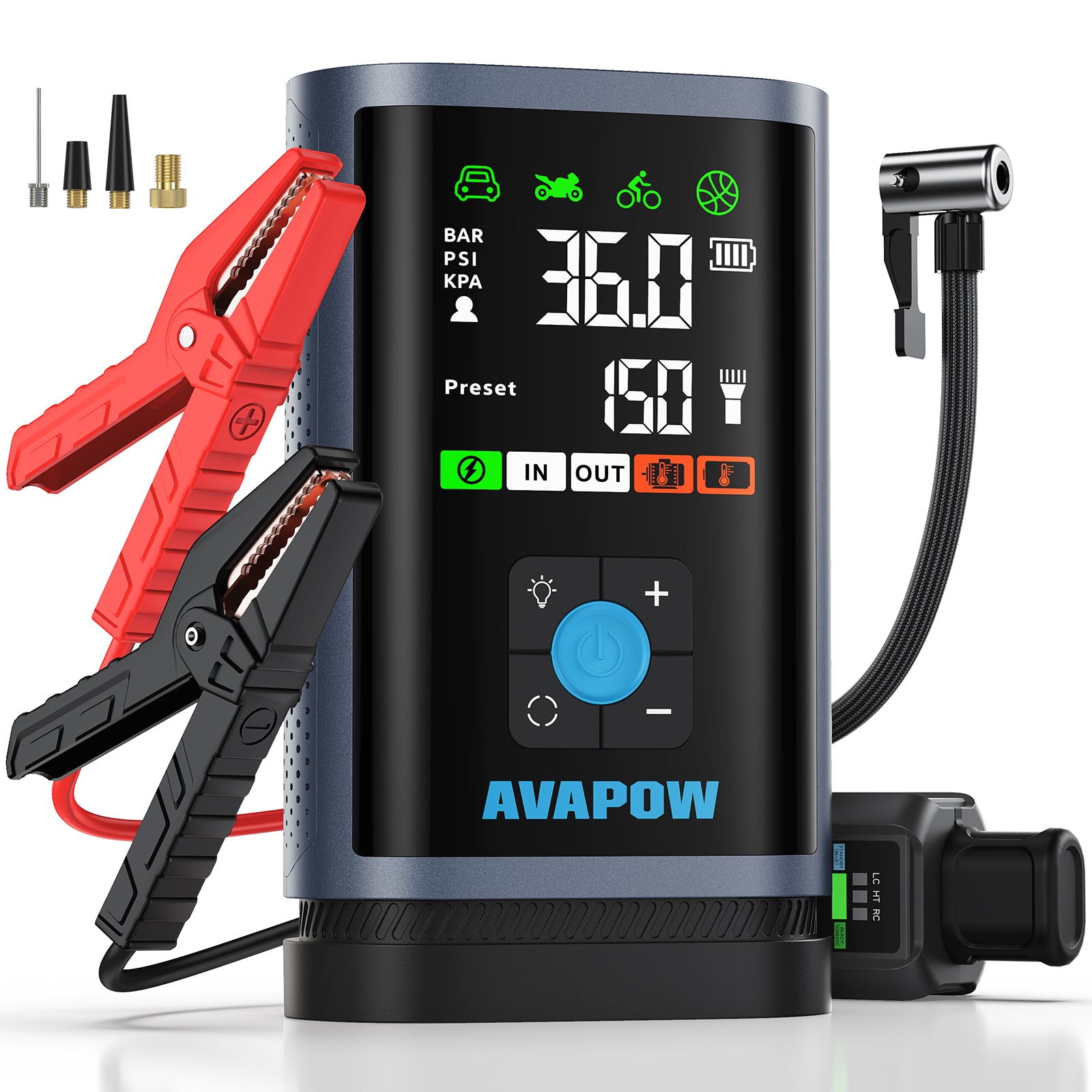 Boosteris jeb palaišanas ierīce un gaisa kompresors JP3, 3000A, 16000 mAh, līdz 8,0 L benzīna / 4,5 L dīzeļdzinējiem, 150 PSI, USB-C PD 30 W, LED lukturis, komplektā uzgaļi