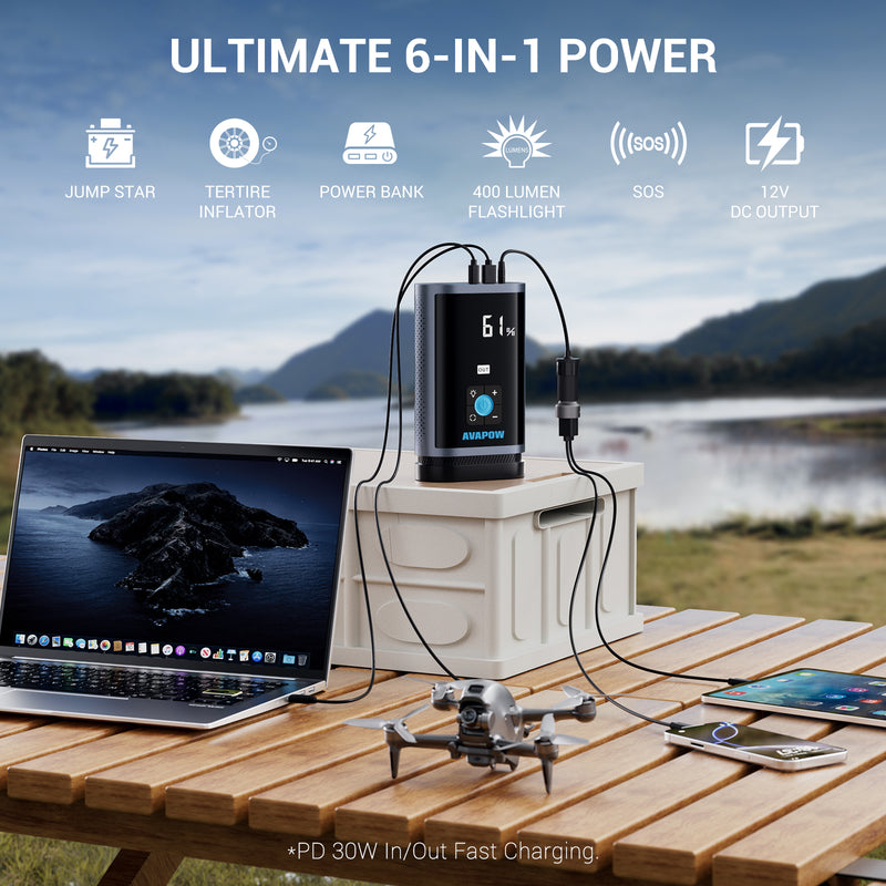 Starter ja õhukompressor JP3, 3000A, 16000 mAh, kuni 8,0 L bensiin / 4,5 L diisel, 150 PSI, USB-C PD 30 W, LED-esilatern, pihustid kaasas