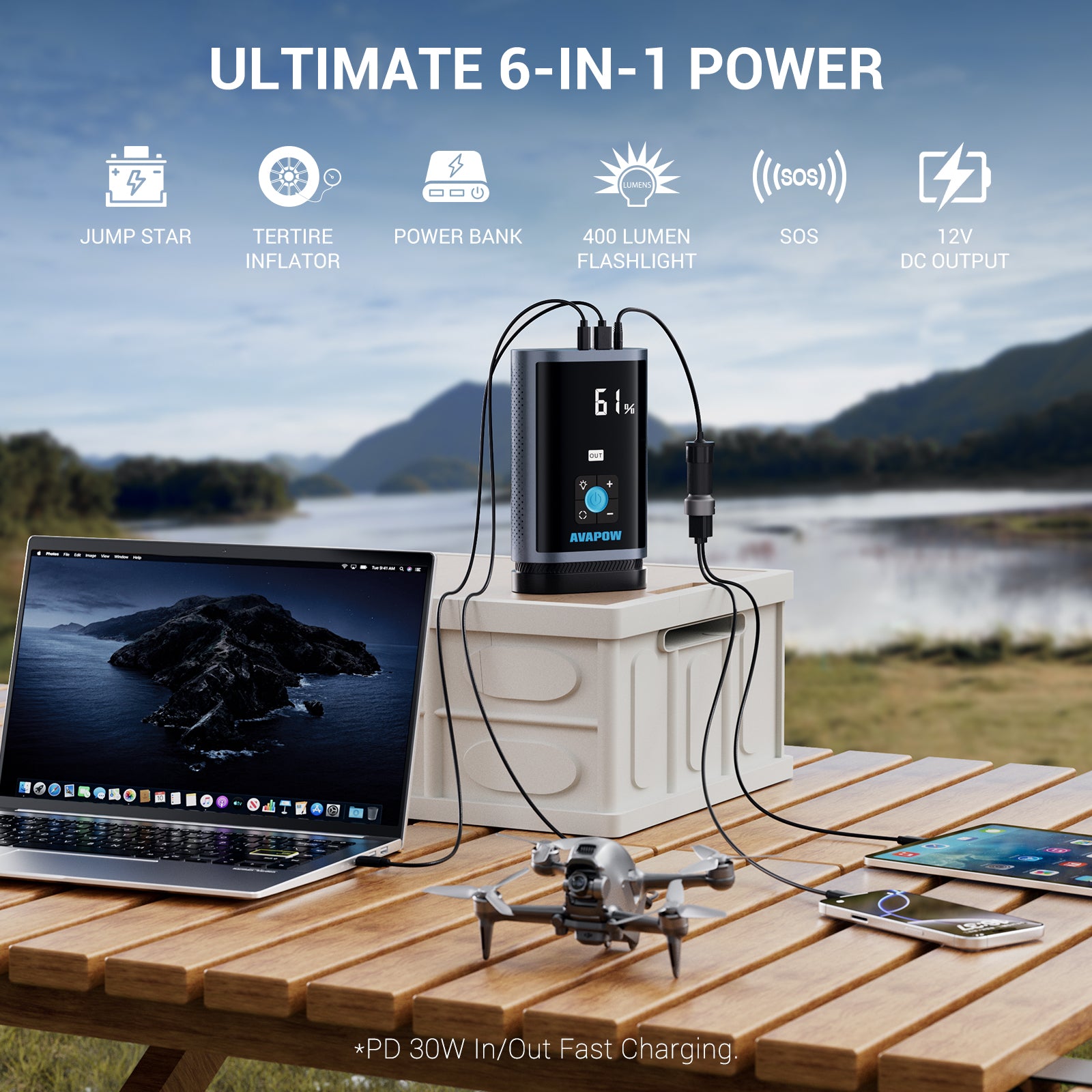 Starter ja õhukompressor JP3, 3000A, 16000 mAh, kuni 8,0 L bensiin / 4,5 L diisel, 150 PSI, USB-C PD 30 W, LED-esilatern, pihustid kaasas