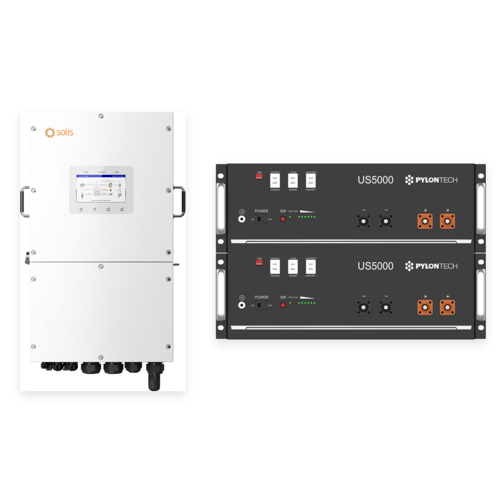 Hibrīda komplekts 10 kW 3F + 9,6 kWh: Solis 10 kW 3F invertors + 2× US5000 4,8 kWh