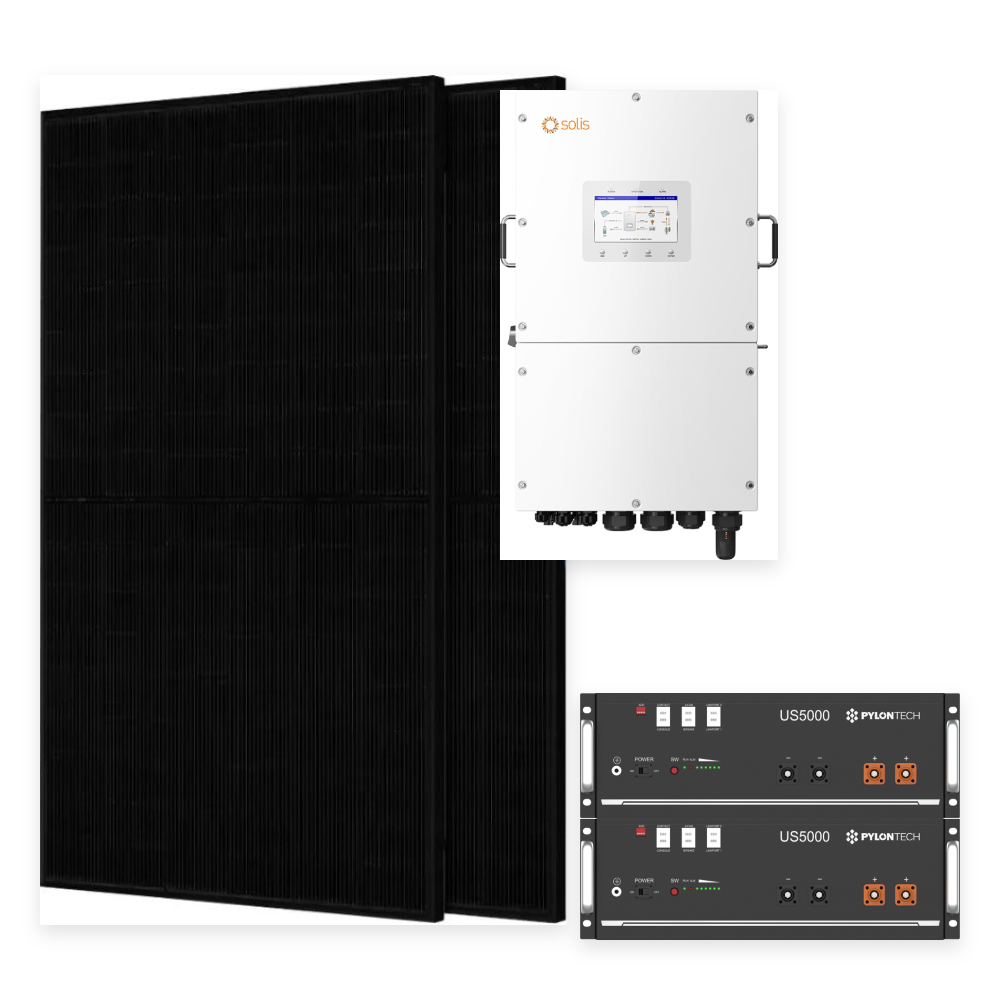 Pilns solārais komplekts 10 kW 3F: Solis 10 kW 3F invertors + 2× US5000 4,8 kWh + 22× JA Solar 455 W paneļi (10,01 kWp)