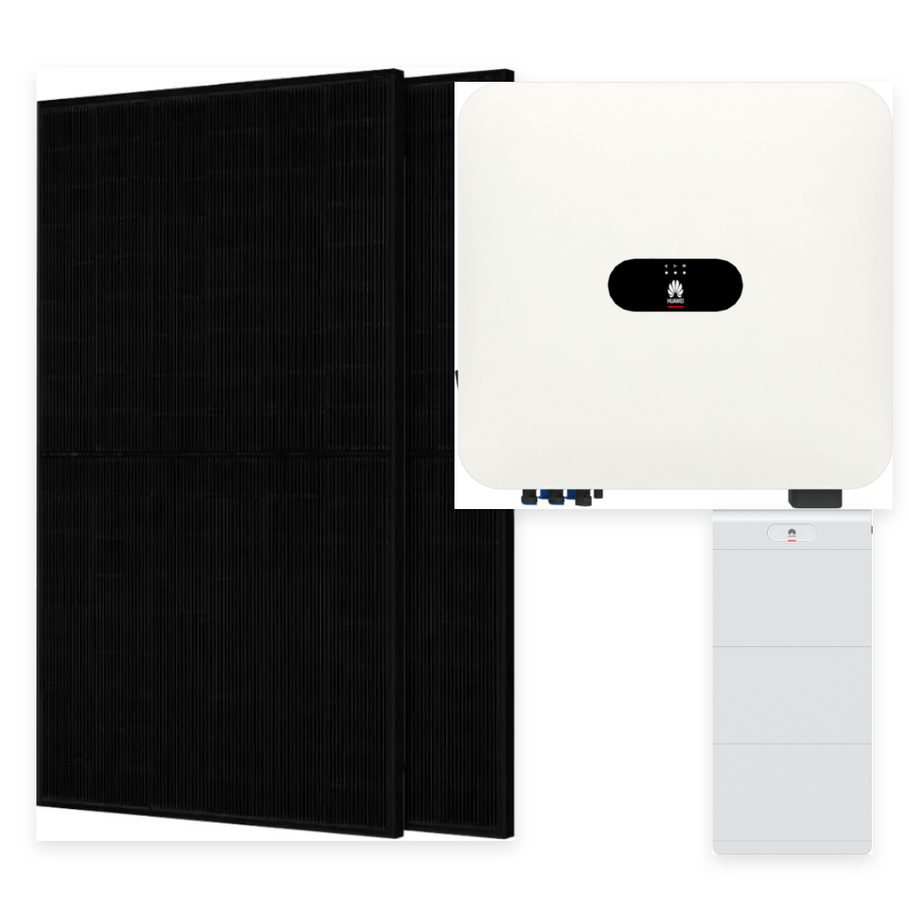 Pilns solārais komplekts 10 kW 3F: Huawei 10 kW 3F invertors + LUNA2000 C1 jaudas modulis + 2× LUNA2000 5 kWh modulis + 22× JA Solar 455 W paneļi (10,01 kWp)