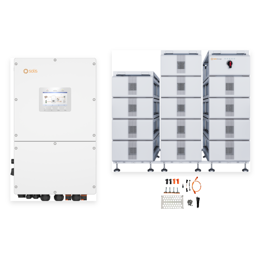 Hibrīda komplekts 50 kW 3F + 60,27 kWh: Solis 50 kW 3F HV invertors + FlexCore CB250A + 3× FlexCore 20 kWh modulis + FlexCore AP1