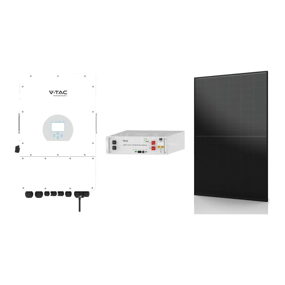 Deye 6 kW 3F hibrīda invertors + 5,12 kWh akumulators + 445 W saules paneļi