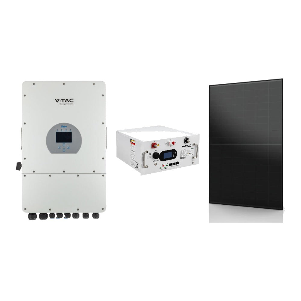 Deye 8 kW 3F hibrīda invertors + 9,6 kWh akumulators + 445 W saules paneļi