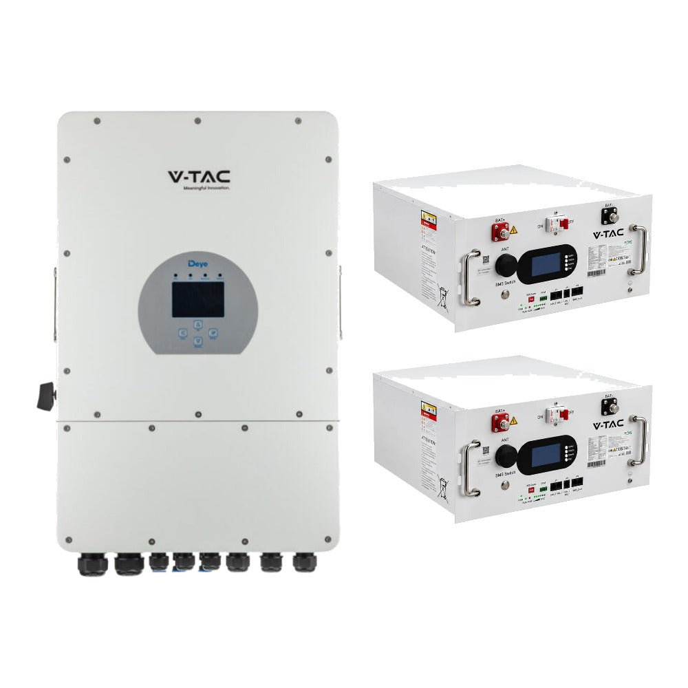 Deye 8 kW 3F hibrīda invertors + 2× V-TAC 9,6 kWh LiFePO4 akumulators