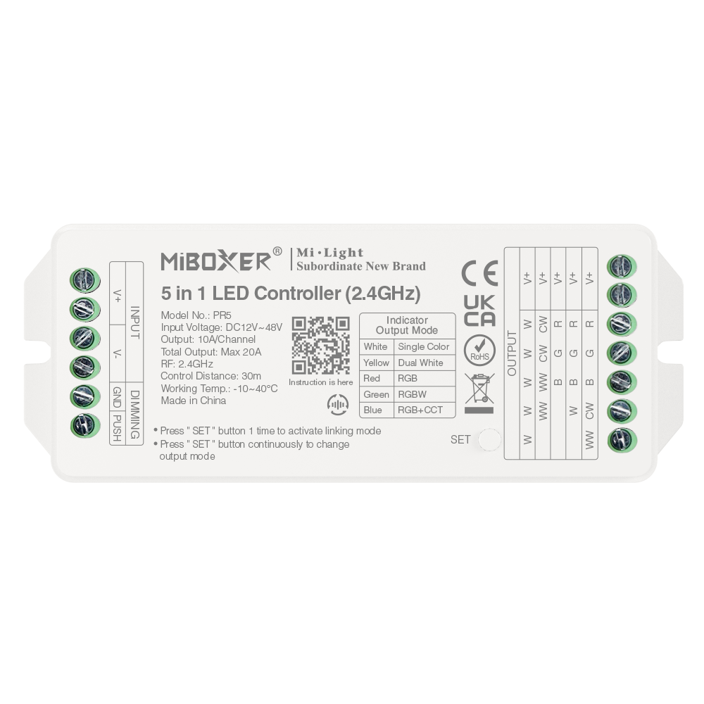 LED kontroller 5IN1 RGB+CCT 12-48V 20A 2.4G PR5/FUT037P+