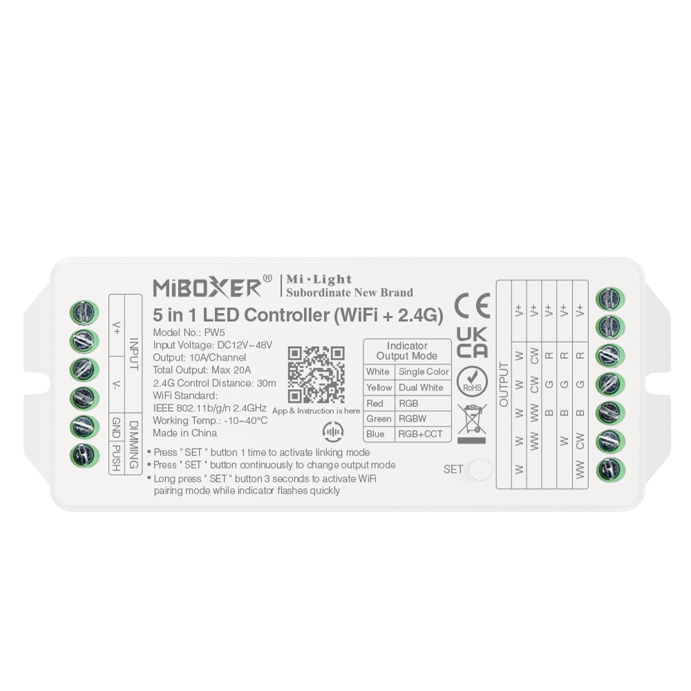 PW5 LED kontrolieris 5IN1 WiFI +2.4G. Max 20A
