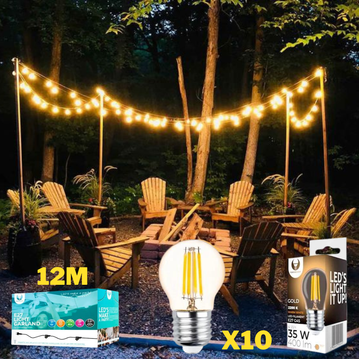 12 m veekindel nöör koos 10 lambiga LED hõõgniit 4W(400Lm) G45 merevaigukollane, soe valge 2200K, nöör ELi pistikuga alguses ja pitseeritud pistikupesa lõpus