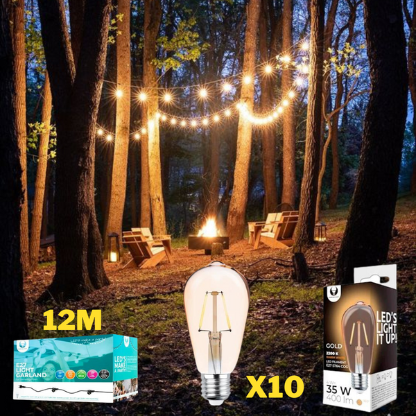 12 meters waterproof string complete with 10 bulbs LED filament 4W(400Lm) ST64 shaped amber tone bulbs, warm white 2200K, string with EU plug at the beginning and hermetic socket at the end
