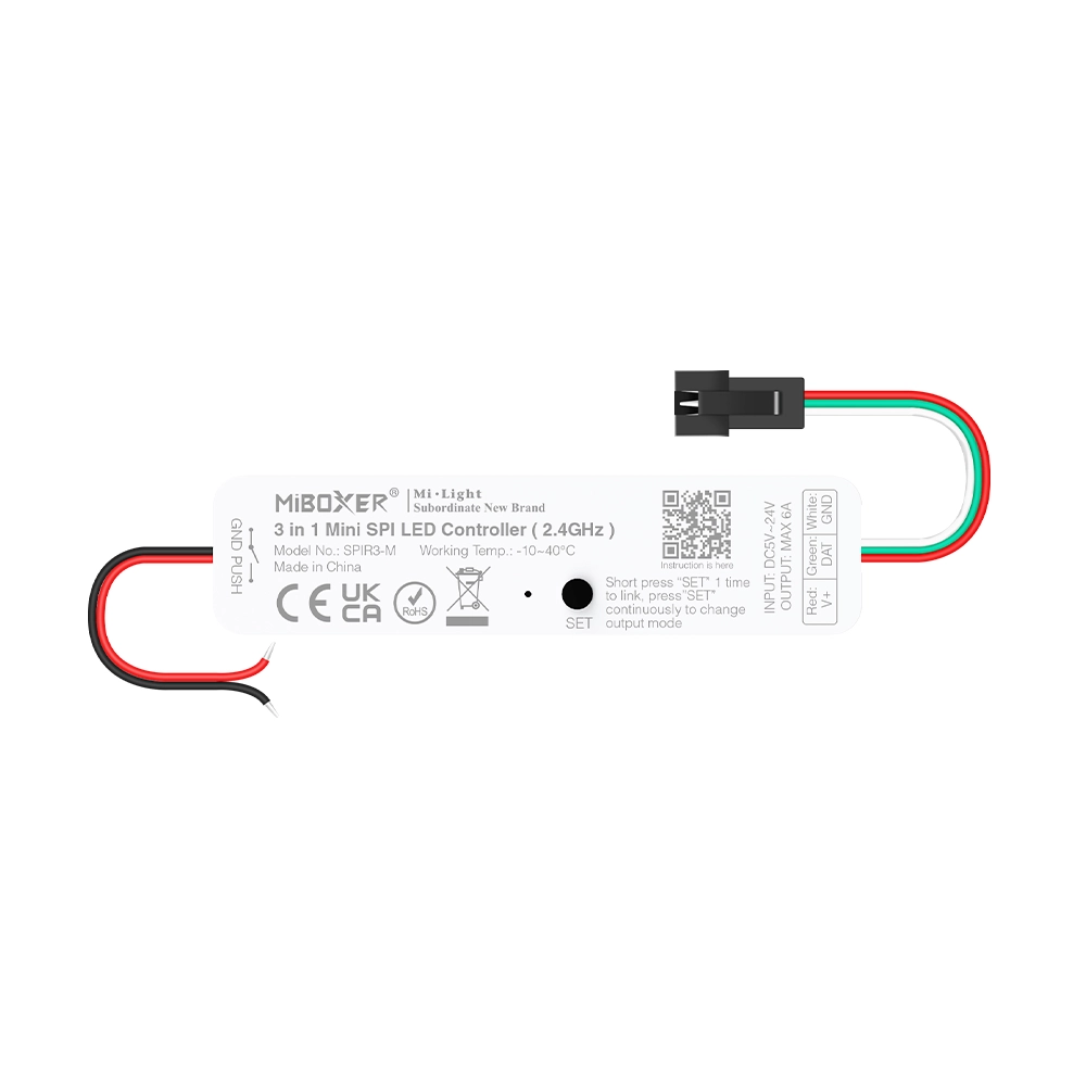 SPIR3-M 3in1 Mini SPI LED kontroller (2.4GHz) - 3 in 1 = ühevärviline + RGB + RGBW SPI kontroller - Pikslipunktid: ühevärviline (2048), RGB (1536), RGBW (1024) - Väljundsignaal: SPI (TTL) 800Kbps.