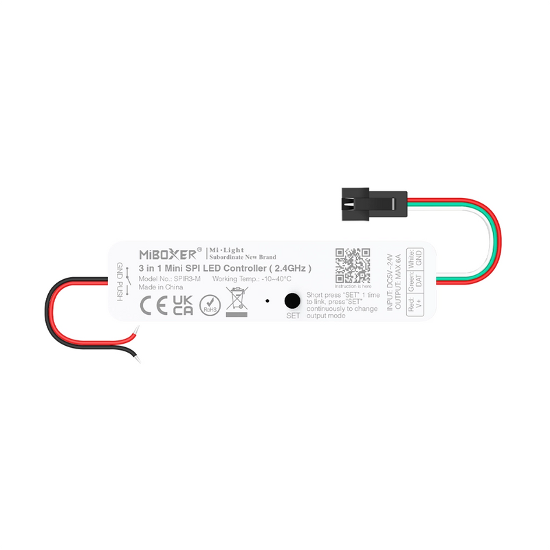 SPIR3-M 3in1 Mini SPI LED kontroller (2.4GHz) - 3 in 1 = ühevärviline + RGB + RGBW SPI kontroller - Pikslipunktid: ühevärviline (2048), RGB (1536), RGBW (1024) - Väljundsignaal: SPI (TTL) 800Kbps.