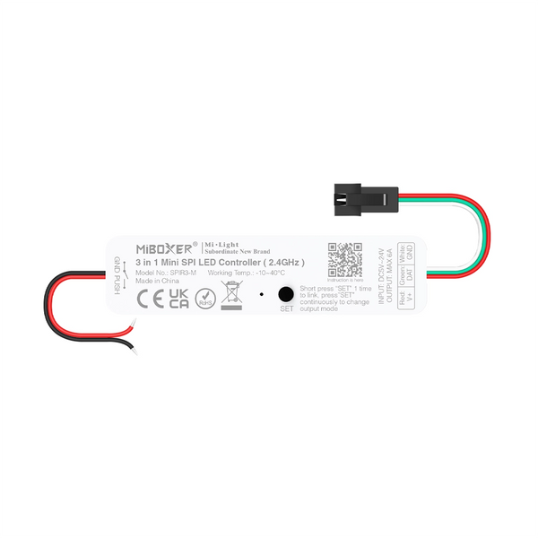 SPIR3-M 3in1 Mini SPI LED kontrolieris (2,4 GHz) • 3 in 1 = vienas krāsas + RGB + RGBW SPI kontrolieris • Pikseļu punkti: viena krāsa (2048), RGB (1536), RGBW (1024) • Izejas signāls: SPI (TTL) 800Kbps