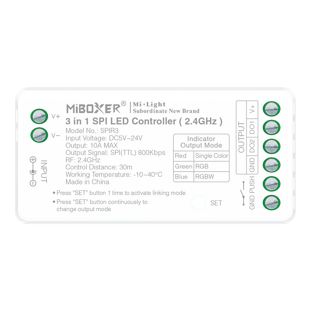 SPIR3 Kolm ühes SPI LED kontroller (2,4GHz) - 3 in 1 = ühevärviline + RGB + RGBW SPI kontroller - Pikslipunktid: ühevärviline (2048), RGB (1536), RGBW (1024) - Väljundsignaal: SPI (TTL) 800Kbps - Kokku 20 dünaamilist režiimi.
