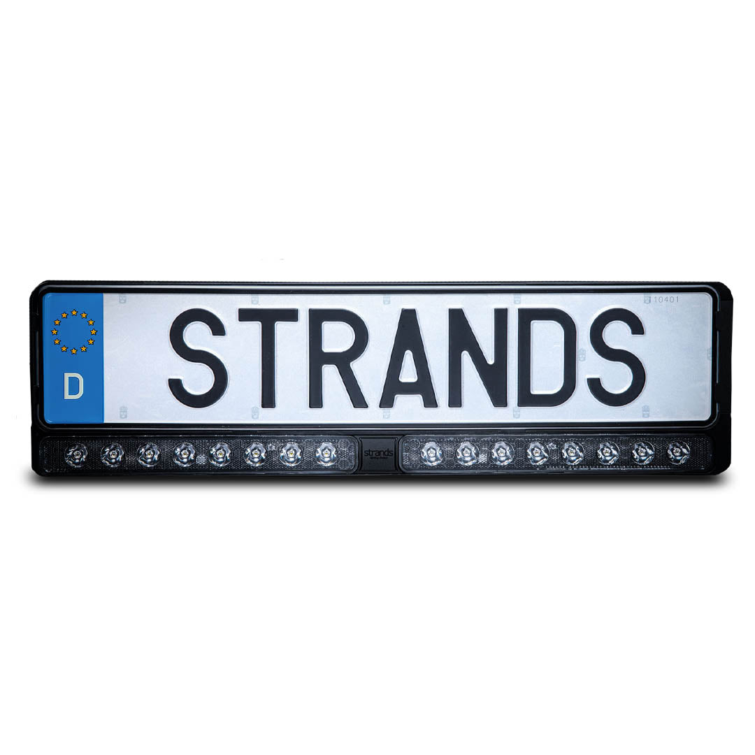 S-809138 / 9-36V 8793Lm STRANDS LED license plate frame with built-in LED double bar and markings visible up to 800m, premium quality Nuuk E-line, 3-year warranty